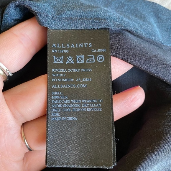 Allsaints Women’s Riviera ochre Dress Multi Colored Silk Side Ruched MIDI Dress - Picture 7 of 9